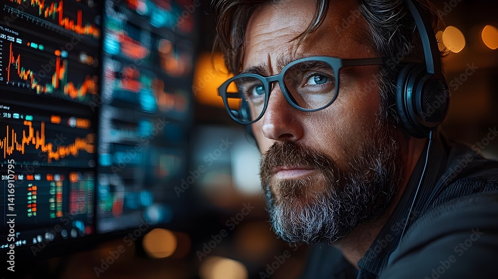 Poster focused trader multitasking across multiple market data displays
