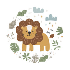 Vector round poster with cute lion inside, leaves and branches