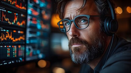 Focused trader multitasking across multiple market data displays