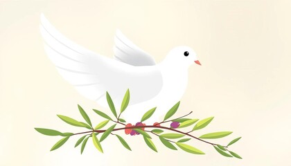 Fototapeta premium White dove with olive branch, vibrant flat vector illustration, peace symbol, illustration, cartoon