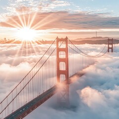 Obraz premium Bridge over fog. Sunburst. Warm glow. Red landmark partially hidden. Cables