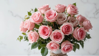 Bouquet of Pink Roses in Vintage Style &ndash; Closeup Floral Arrangement with Delicate Petals, Soft Pastel Tones, Green Leaves, and Canvas Texture for Elegant Romantic Still Life Art, Decor, or Print