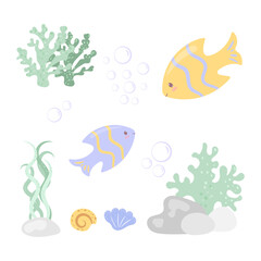 Sea fish, corals, shells. Vector children's illustration