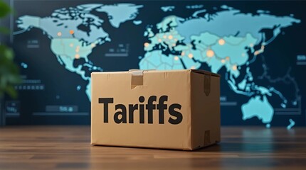 A cardboard box labeled "tariffs" is placed in front of a blurred world map and digital shipping data overlays, symbolizing global trade barriers, logistics