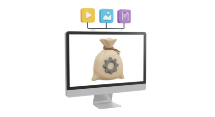 Isolated Computer Monitor with Money Bag and Cloud Storage Icons
