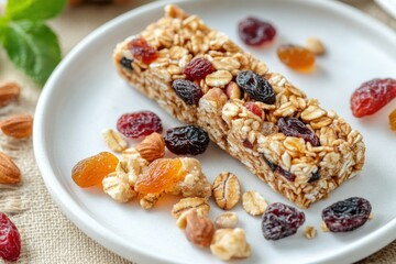 Fototapeta premium Healthy granola bar with dried fruits and nuts on a plate