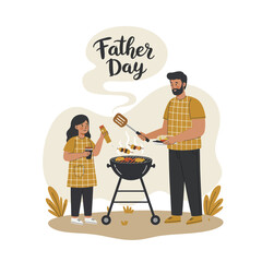 Young boy giving handmade card to smiling father sitting on rug in cozy room flat vector illustration