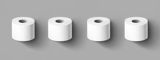 set of white toilet paper rolls on grey background, top view