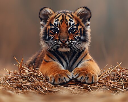 Adorable tiger cub nestled in hay. - Powered by Adobe
