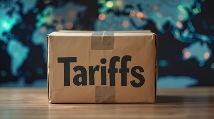 A cardboard box labeled "tariffs" is placed in front of a blurred world map and digital shipping data overlays, symbolizing global trade barriers, logistics