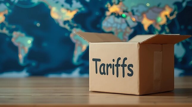 A cardboard box labeled "tariffs" is placed in front of a blurred world map and digital shipping data overlays, symbolizing global trade barriers, logistics - Powered by Adobe