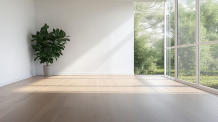 Empty room with large window, natural light