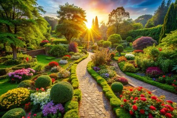 Obraz premium Lush Garden Pathway at Sunset