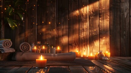 Serene Spa Ambiance: Candlelit Relaxation in a Rustic Wooden Setting