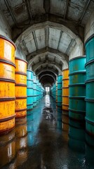Industrial storage area lined with stacked, colorful chemical barrels.
