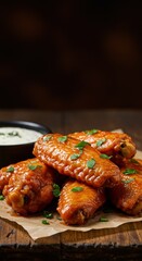 Spicy buffalo chicken wings with herbs and dipping sauce