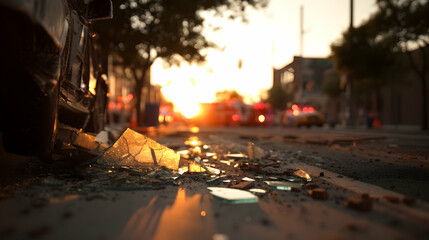 Broken glass on the street after a car accident with emergency lights and sunset in background