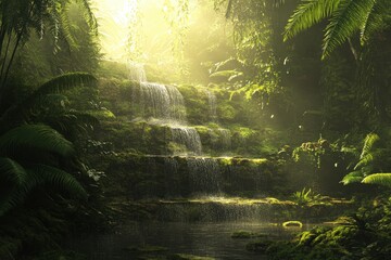 Obraz premium Lush jungle cascading waterfalls bathed in morning light.