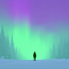 Obraz premium Snow-draped trees surrounding wanderer, green and purple aurora illuminating night