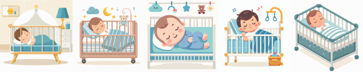 Vector of a baby sleeping in a crib.