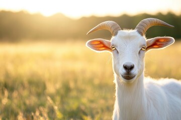Obraz premium Goat standing in sunlit field at sunset