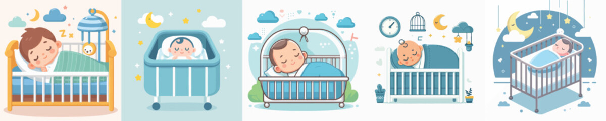 Vector of a baby sleeping in a crib.