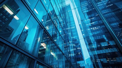 Obraz premium Futuristic cityscape with azure glass facade reflecting urban energy