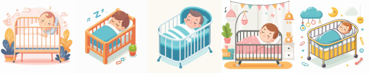 Vector of a baby sleeping in a crib.