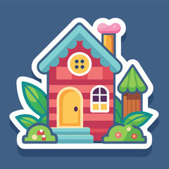 Cute, colorful cartoon house with garden