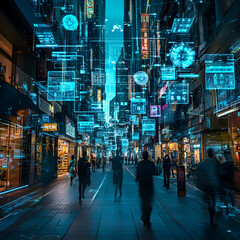 Obraz premium Futuristic digital experience urban alley visual art neon environment street level viewpoint technology concepts