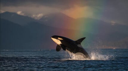 Fototapeta premium Orca breaching under a vibrant rainbow