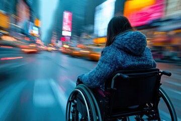 Obraz premium Female in wheelchair navigating busy urban street at dusk