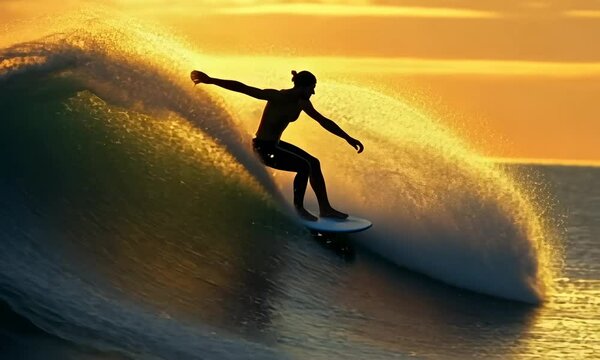 surfer carving through a massive wave, water droplets frozen in motion