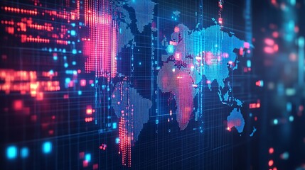 Obraz premium Futuristic Digital World Map with Glowing Circuits, Futuristic digital world map with glowing orange and blue circuits
