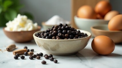 Aromatic allspice berries in a rustic bowl alongside dairy product and eggs, preparation for baking