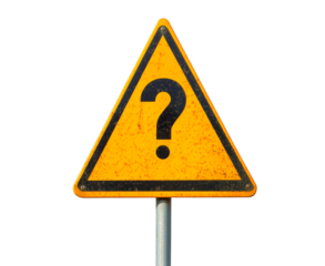 A triangular yellow warning sign with question mark symbol isolated on transparent background