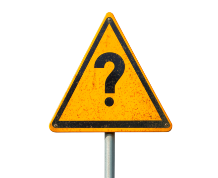 A triangular yellow warning sign with question mark symbol isolated on transparent background