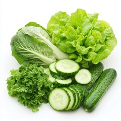 Fresh Green Vegetables Cucumbers and Lettuce on White Background