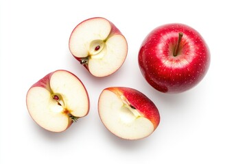 A whole red apple and three slices on a white background
