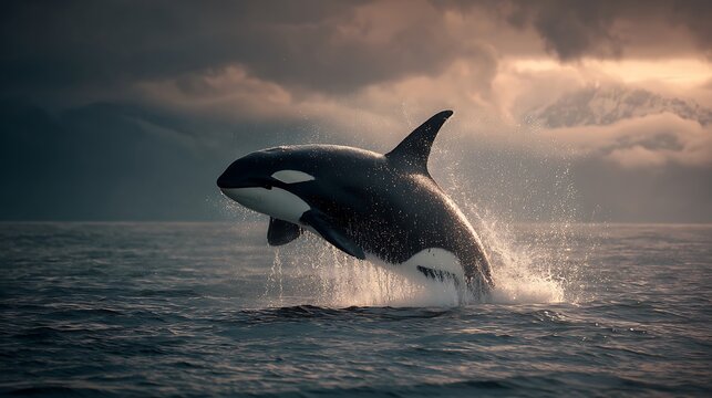 Orca leaps from ocean, splashing in sunlight against stormy clouds and distant mountains