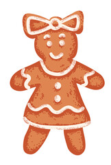 Gingerbread cookie in shape woman with white icing and grainy texture