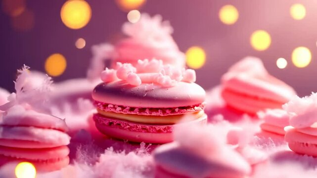 Macaron, dessert photography, pink confection. Visual delight. Frost clouds enhance dessert's presence. Macaron texture shows detailed craftsmanship. Vibrant hues attract culinary enthusiasts.
