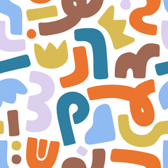 Endless background with abstract doodles. Repeatable pattern of geometric shapes, creative scribbles, colourful crooked elements and figures, different curved lines. Flat seamless vector illustration
