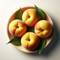 Top view of ripe peaches with green leaves arranged on a light background. Natural light and soft shadows create a fresh, organic atmosphere.