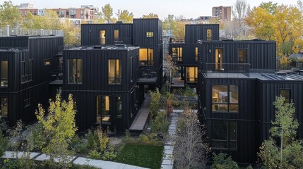 Modern residences with dark exteriors are surrounded by greenery in urban setting