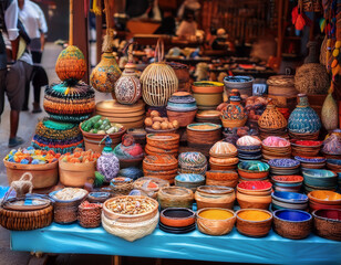 A vibrant display of handcrafted goods at a market stall, symbolizing artisanal labor, creativity, and the value of skilled craftsmanship.