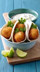 Crispy Fish Tacos with Creamy Sauce - Vibrant colors