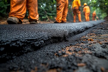Naklejka premium Fresh asphalt paving crew working on a road project.