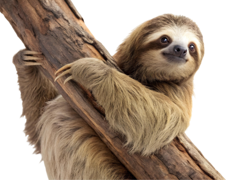 A cute sloth clinging to a tree branch with a gentle smile and a curious expression on its face