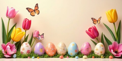A festive springtime scene featuring vibrantly colored tulips and delicately painted Easter eggs, adorned with charming butterflies adding a touch of whimsy and celebrating the arrival of spring